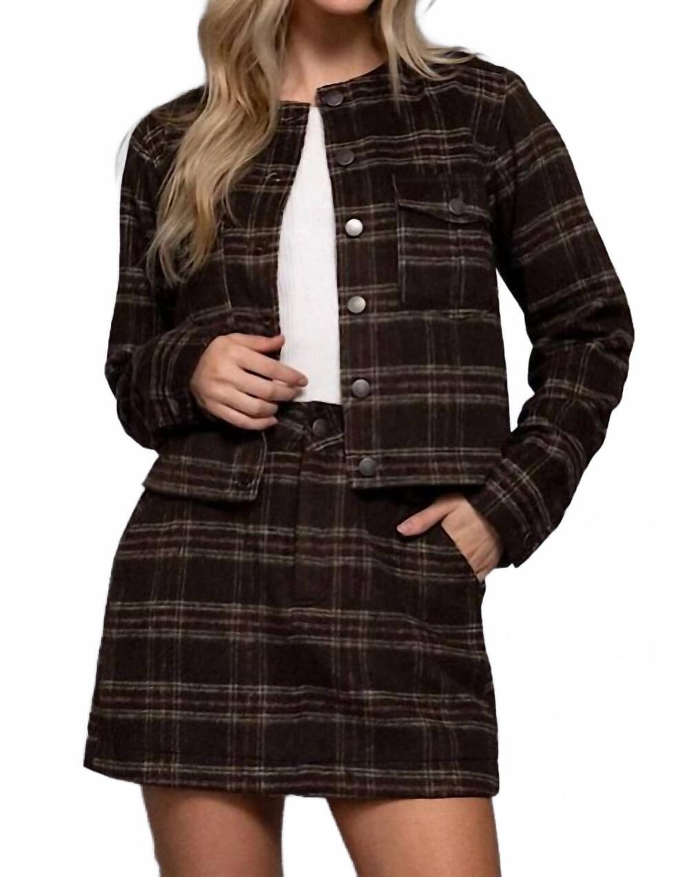 NEW ACTIVE BASIC long sleeve plaid jacket in brown